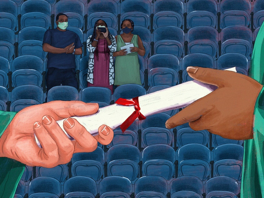 An illustration of a student being handed a diploma as a family looks on in an empty auditorium.
