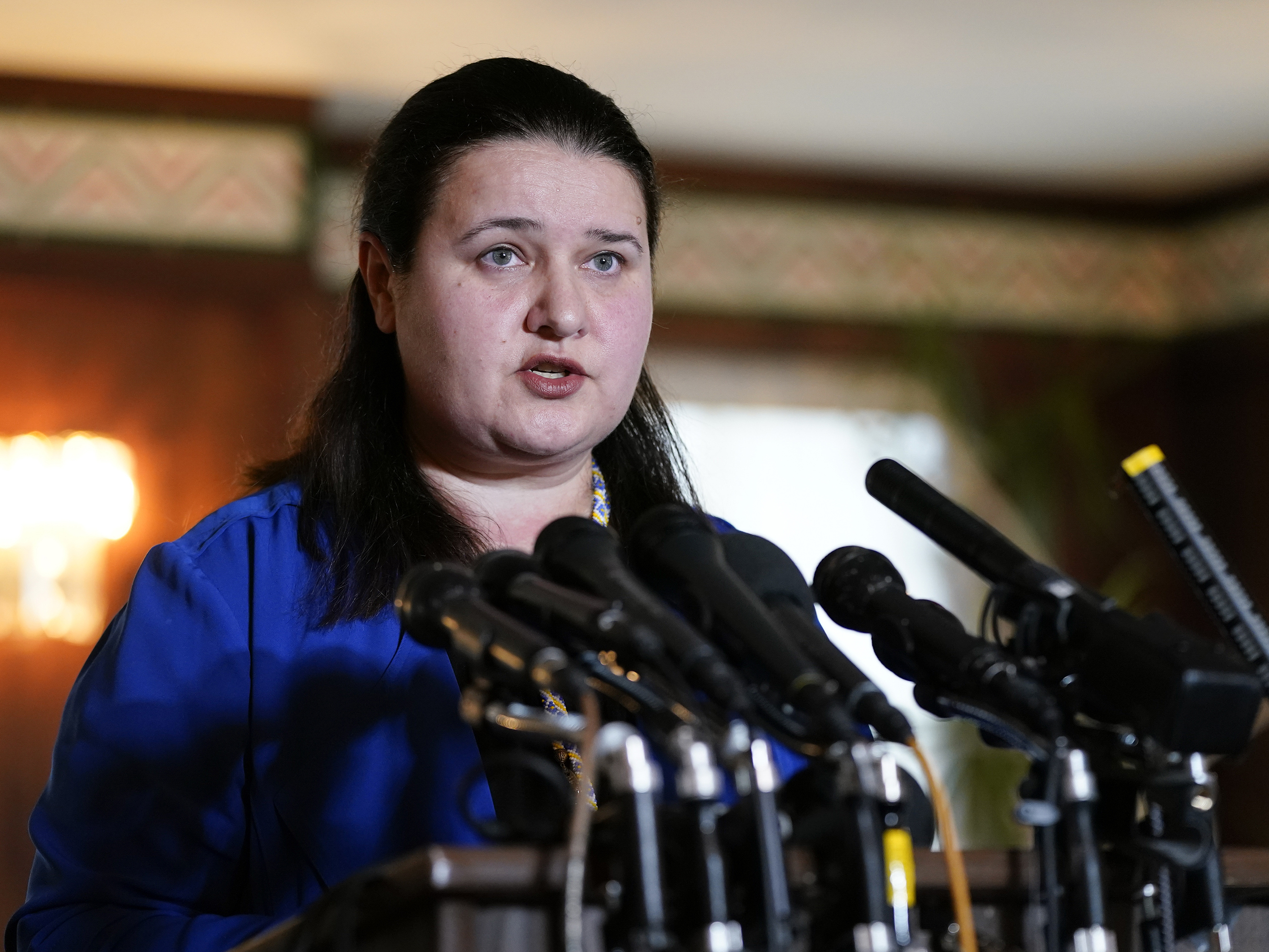 caption: Ukraine's Ambassador to the United States Oksana Markarova speaks during a news conference at the Embassy of Ukraine in Washington, D.C. on Feb. 24.