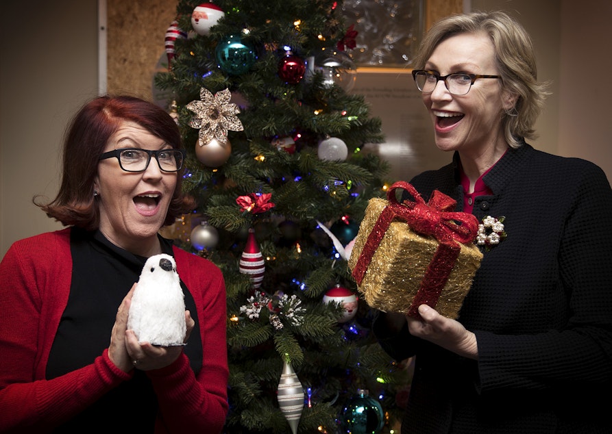 caption: Kate Flannery, Jane Lynch and the KUOW Christmas Tree.