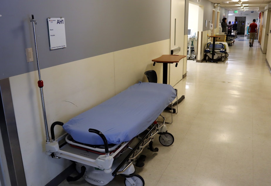 caption: People in mental health crisis can be lodged for days on a gurney in a hallway, like these at Olympia's St. Peter Hospital emergency room, because there's nowhere else to go.