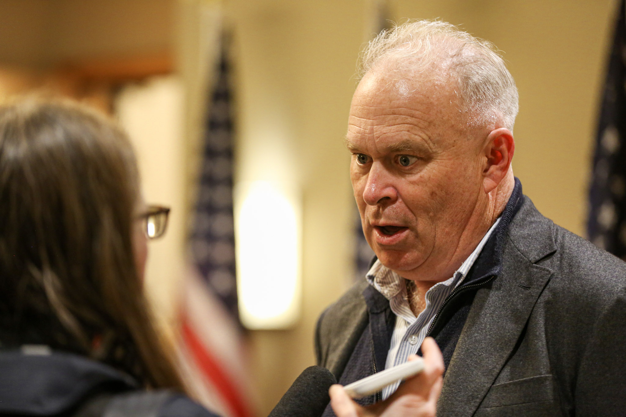 caption: KUOW's Amy Radil interviews Washington state Republican Party Chair Jim Walsh at the GOP's election night party on Tuesday, Nov. 5, 2024.