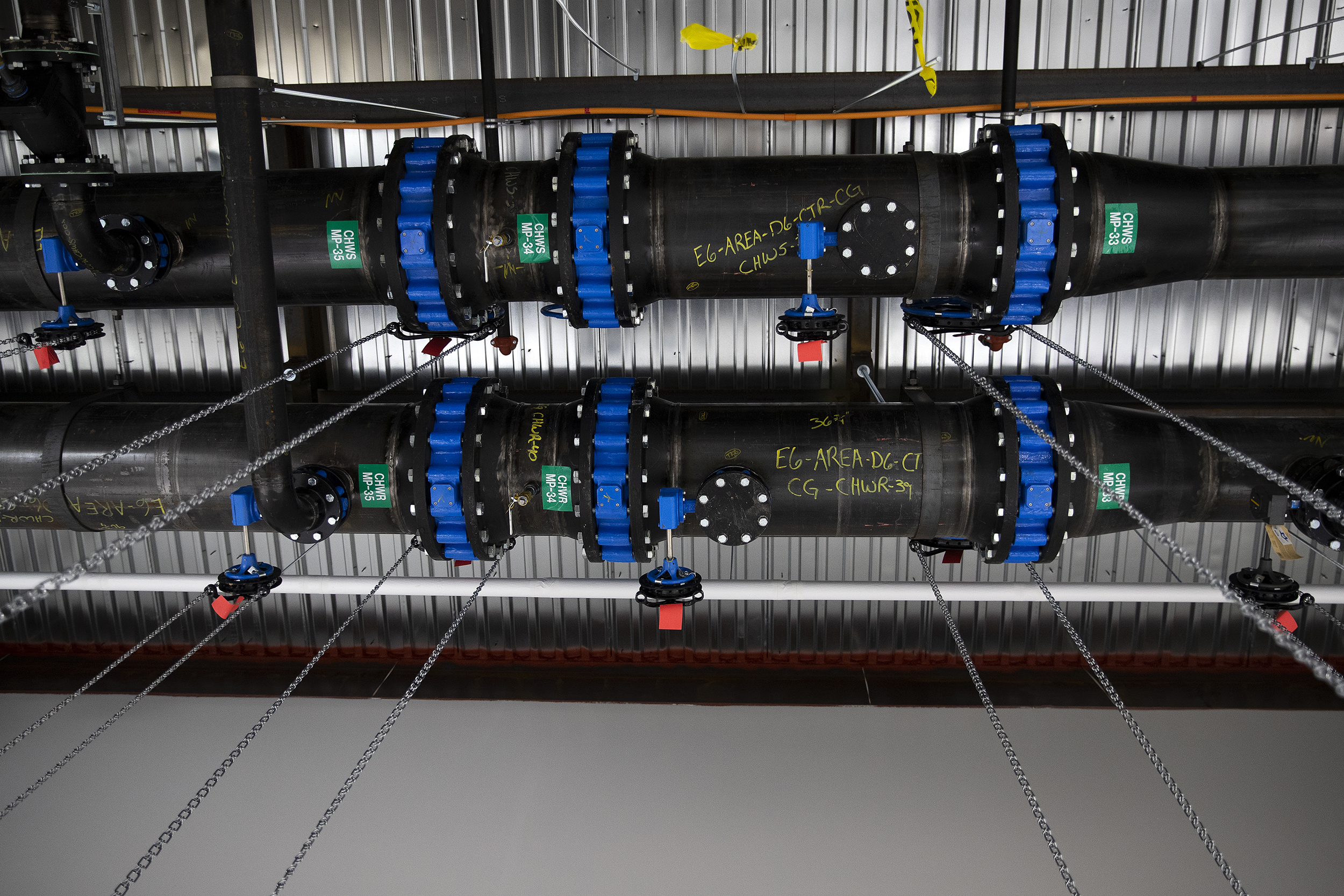caption: A closed-loop chilled water system used to cool servers is shown on Thursday, July 17, 2025, at the Sabey Data Center in Quincy, Washington. 