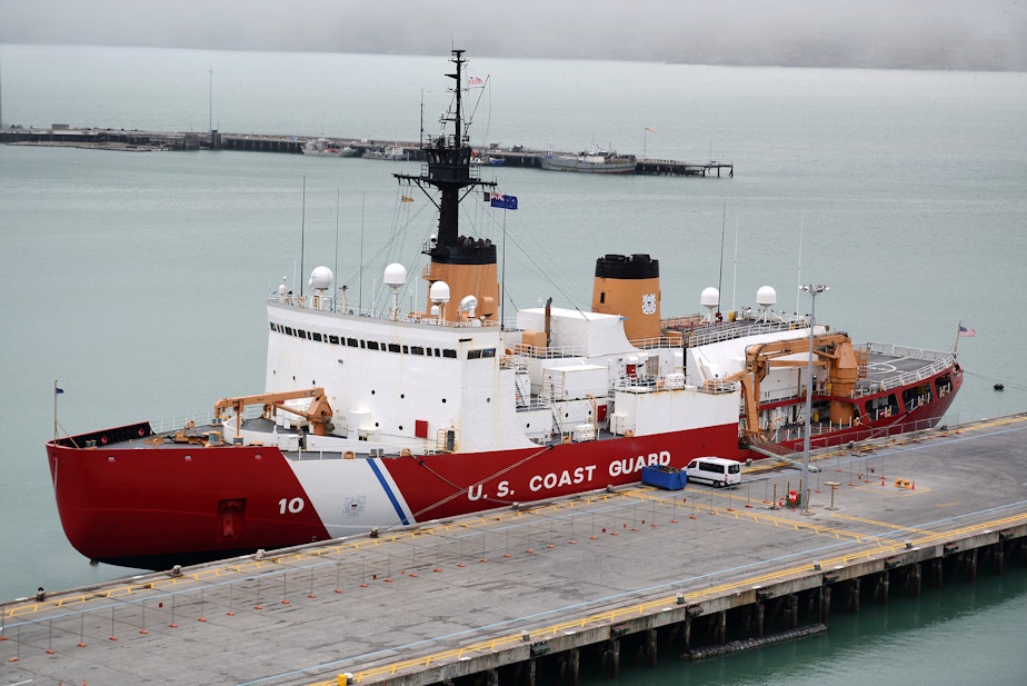 caption: The Coast Guard Cutter Polar Star sits moored in Lyttelton Harbor during a port call to, Christchurch, New Zealand, Feb. 18, 2017. The Polar Star crew stopped in New Zealand after completing a month-long icebreaking mission to Antarctica.