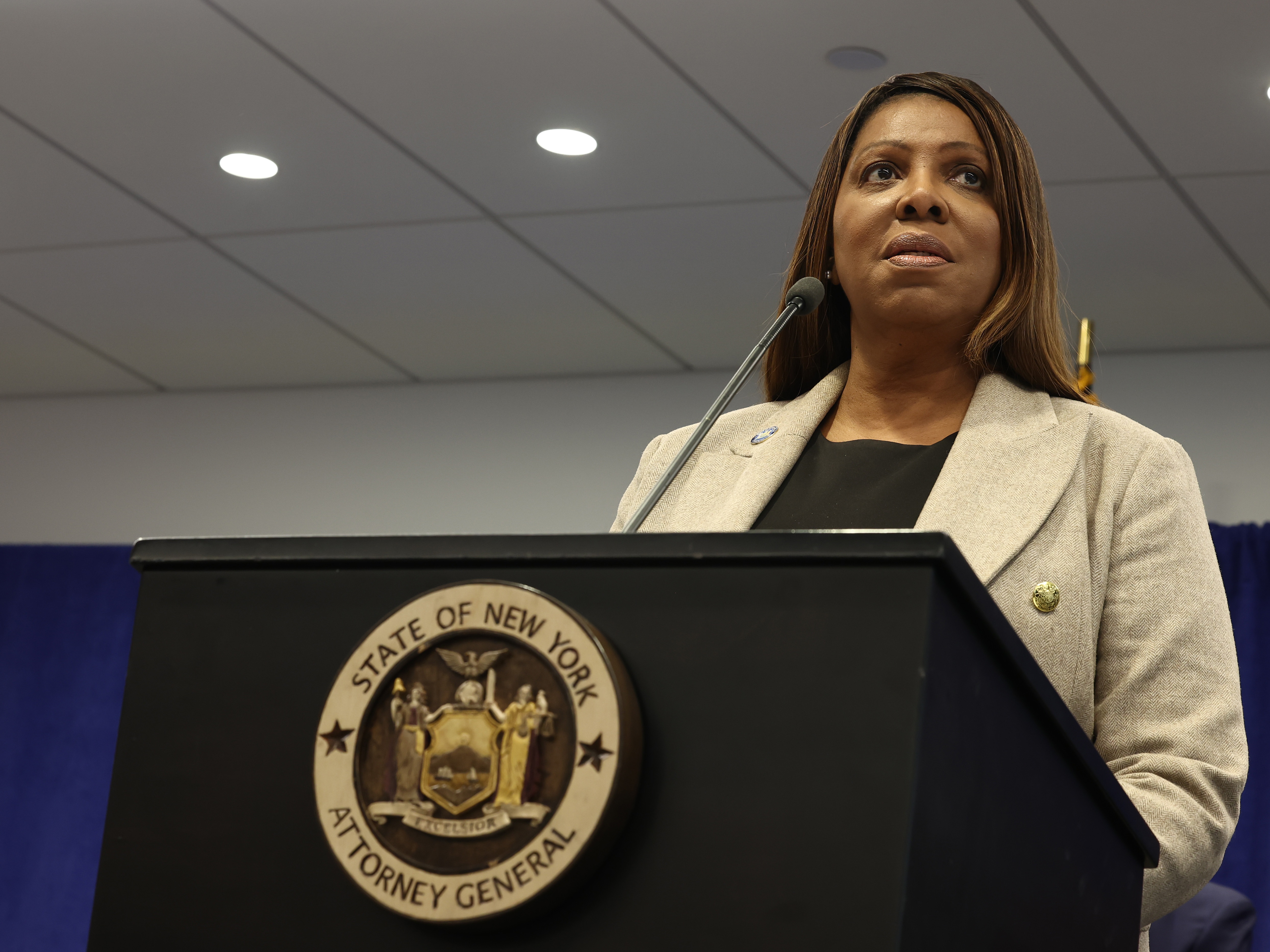 caption: New York Attorney General Letitia James speaks during a press conference on January 8, 2025 in New York City.