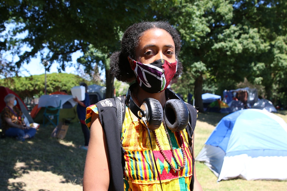 caption: Sarah Tornai of Black Collective Voices, a group that stepped up Thursday in the CHOP to offer Black leadership after White protestors asked for it.