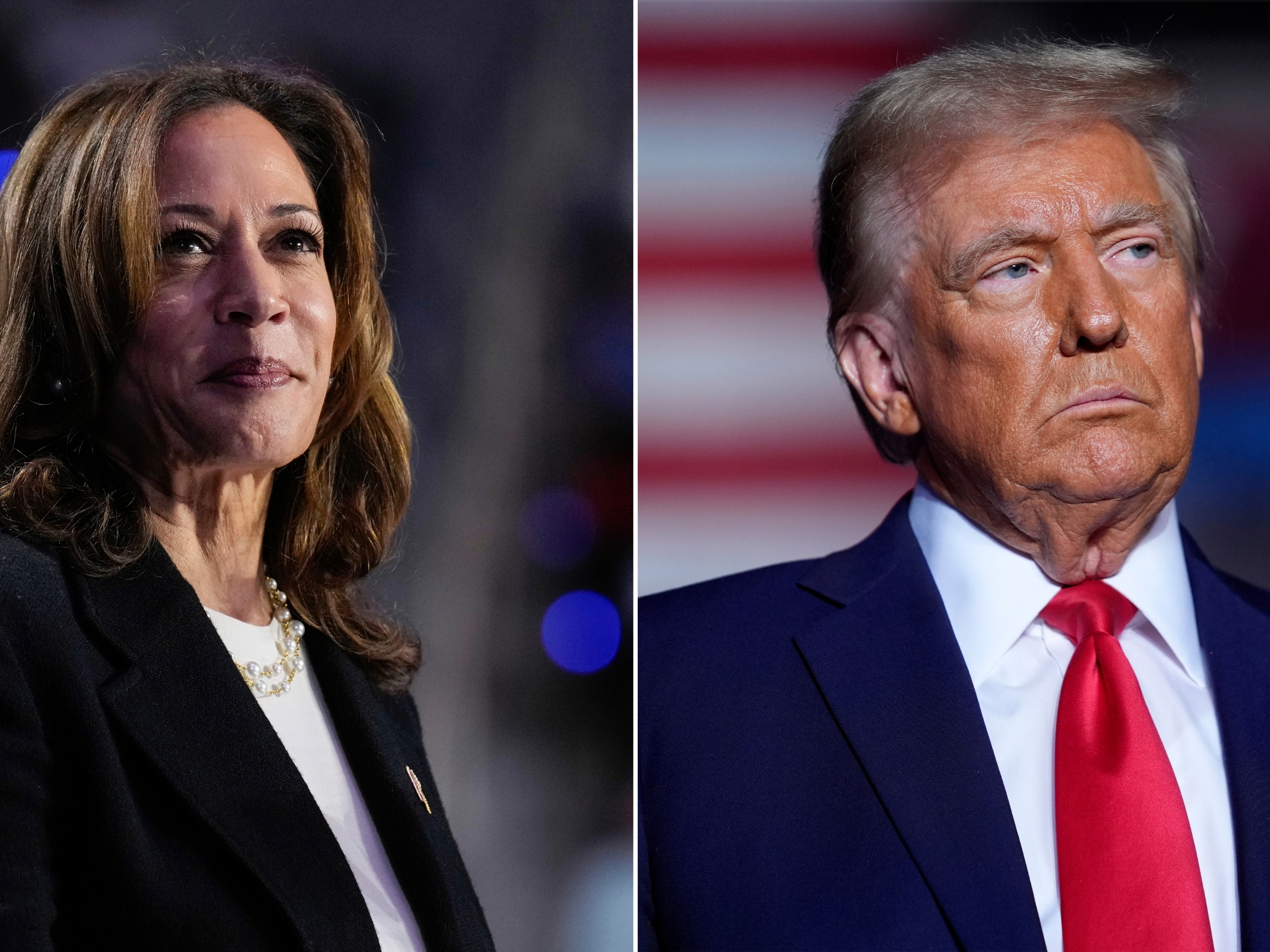 caption: Left: Democratic presidential nominee Vice President Harris speaks during a campaign rally in Charlotte, N.C., on Sept. 12. Right: Republican presidential nominee former President Donald Trump listens during a campaign rally on Monday in Reading, Pa.