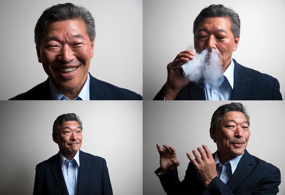 caption: Yes, Bob Hasegawa, sitting Washington state senator and candidate for Seattle mayor, vaped for this photo.