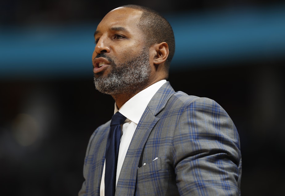 caption: David Vanterpool at a 2019 Minnesota Timberwolves game against the Denver Nuggets. Vanterpool used to be an assistant coach for the Timberwolves.