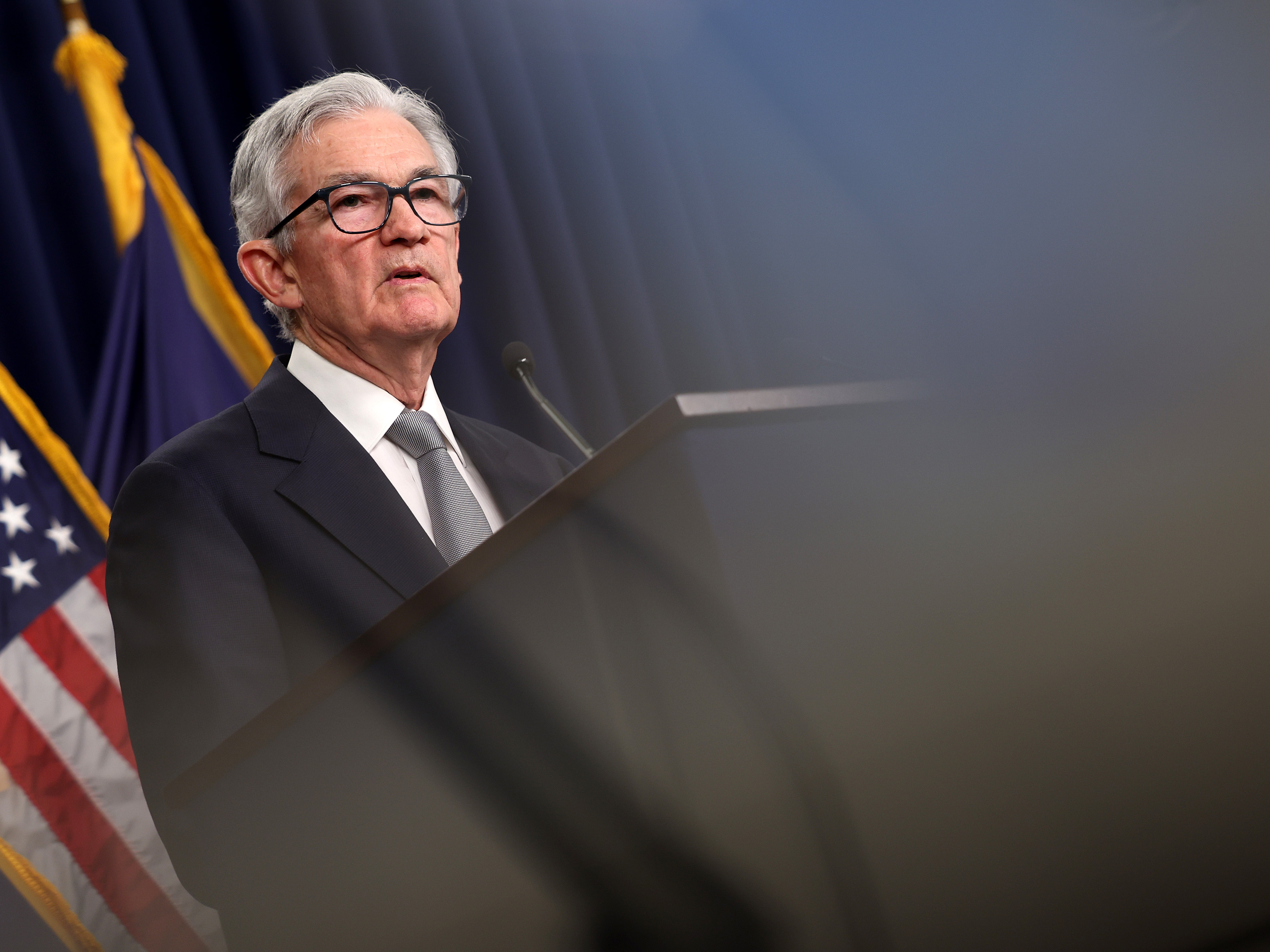 caption: Federal Reserve Chair Jerome Powell speaks during a news conference after the central bank's policy meeting at the Federal Reserve in Washington, D.C., on Nov. 1, 2023. The Fed kept interest rates unchanged on Wednesday, but projected they would be able to lower them next year.