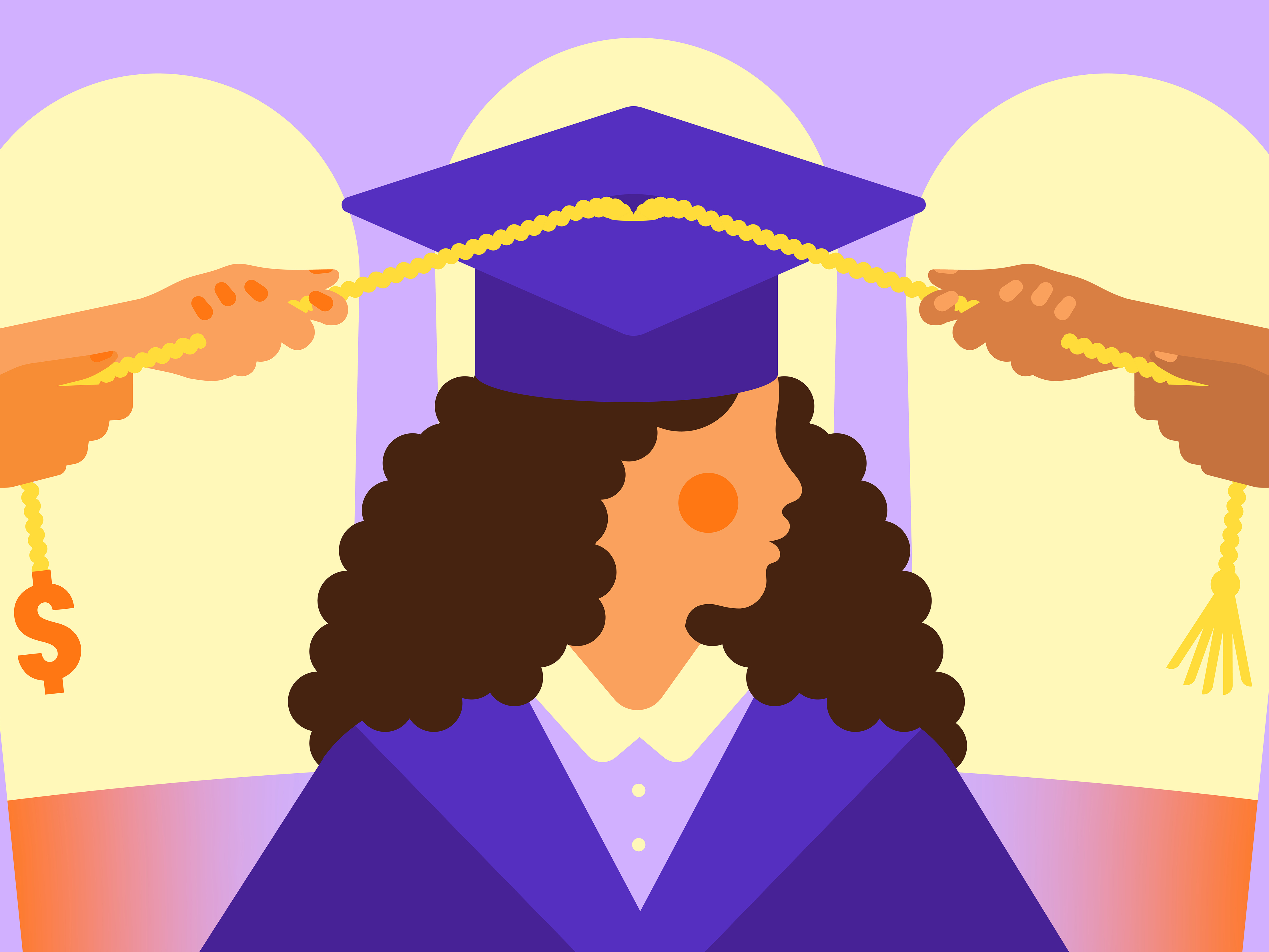 A college graduate has two people pulling on tassels connected to her graduation cap.