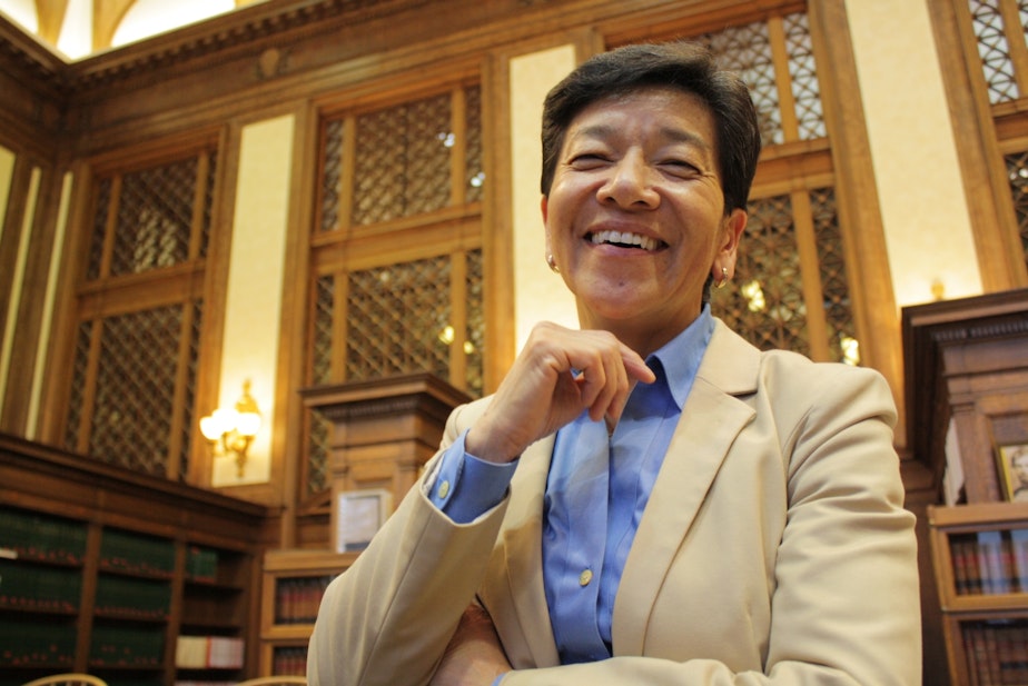 caption: Justice Mary Yu, at the Washington State Supreme Court's Temple of Justice.