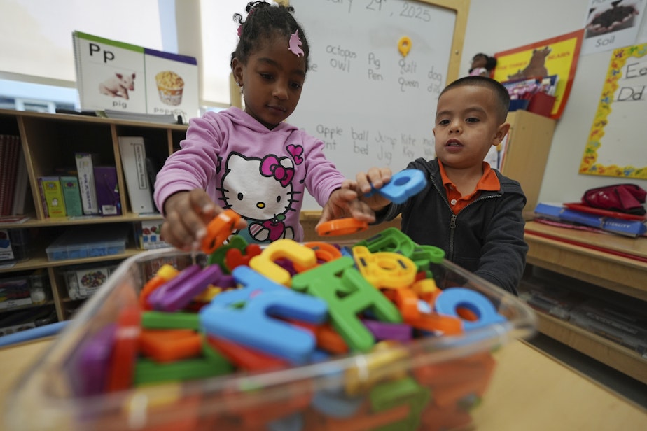 caption: Students match letters to words during a reading and writing lesson at a Head Start program run by Easterseals, an organization that gets about a third of its funding from the federal government, Wednesday, Jan. 29, 2025, in Miami. A coalition of Head Start associations and parent groups across the country are seeking to block the Trump administration's efforts to dismantle Head Start.