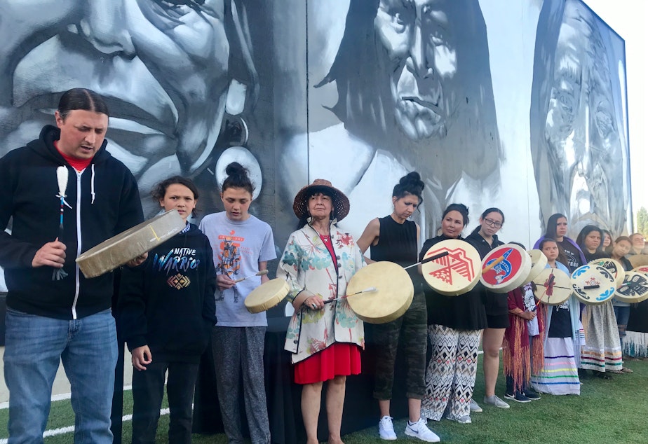 caption: Native students and leaders held a community gathering at Robert Eagle Staff Middle School to protest Seattle Schools' decision to end a partnership with the Urban Native Education Alliance, on June 13, 2019.