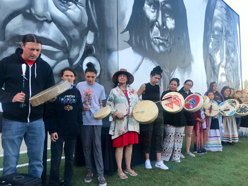 caption: Native students and leaders held a community gathering at Robert Eagle Staff Middle School to protest Seattle Schools' decision to end a partnership with the Urban Native Education Alliance, on June 13, 2019.