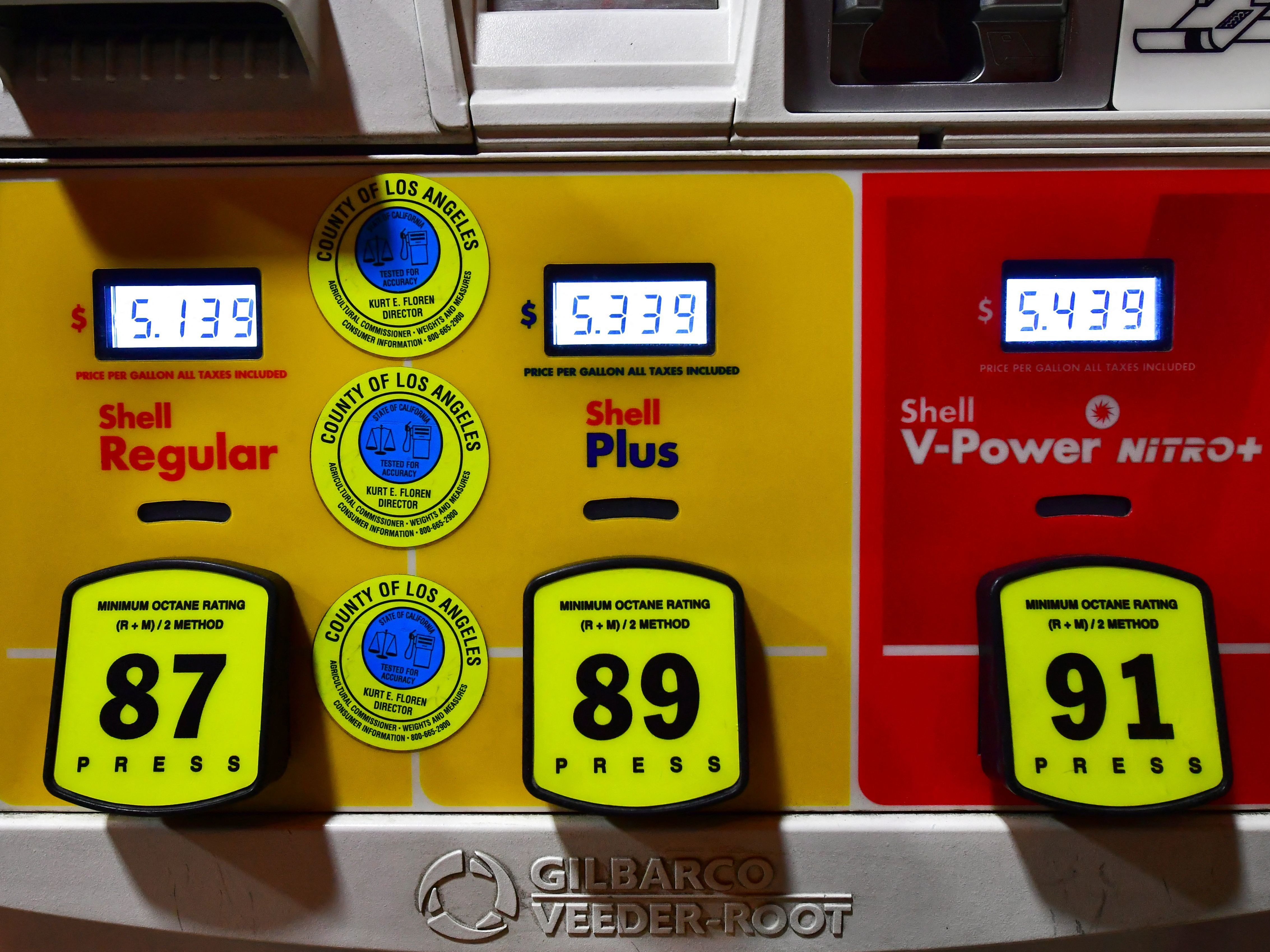 caption: Gas prices reach over $5 a gallon at a petrol station in Los Angeles on Feb. 25. Oil prices continue to surge after Russia's invasion of Ukraine, with some analysts describing market conditions as verging on "panic."