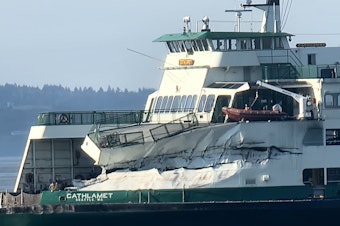 caption: Cathlamet ferry crashed into the Fauntleroy terminal causing significant damage to the vessel and an offshore dolphin at the terminal, on Thursday, July 28, 2022, in Seattle.