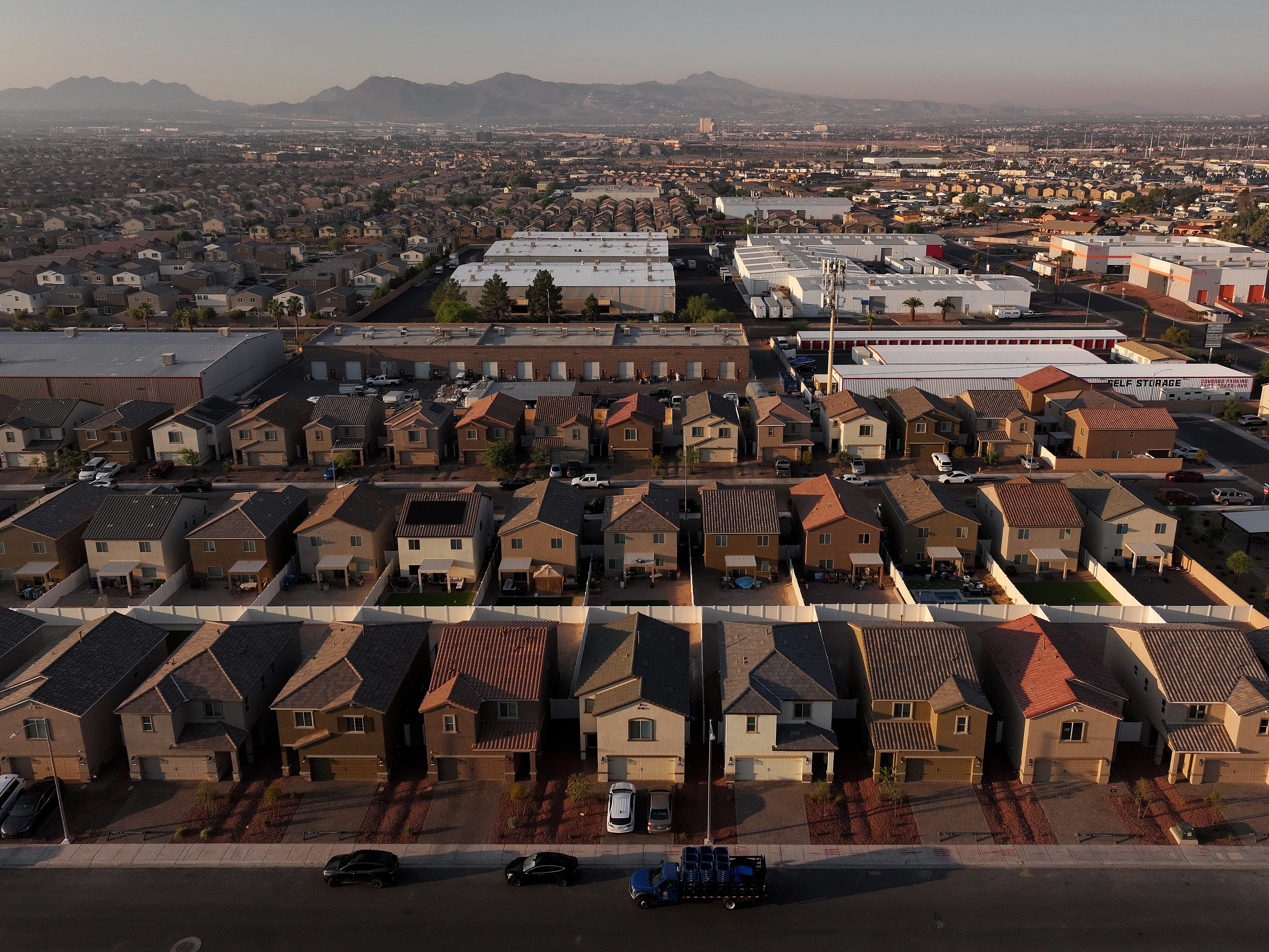caption: An aerial view of a housing development in Las Vegas on Aug. 8, 2025.