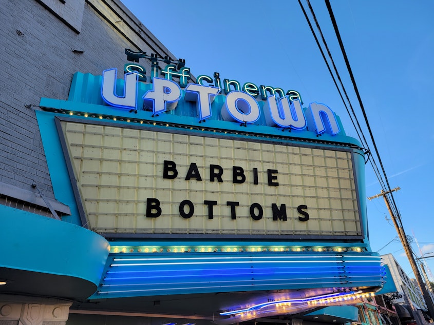 caption: The SIFF Cinema Uptown marquee lists "Barbie" and "Bottoms"