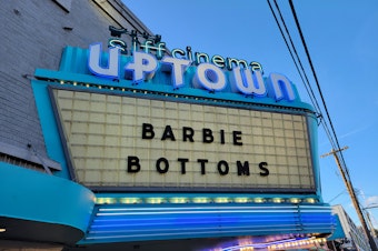 caption: The SIFF Cinema Uptown marquee lists "Barbie" and "Bottoms"