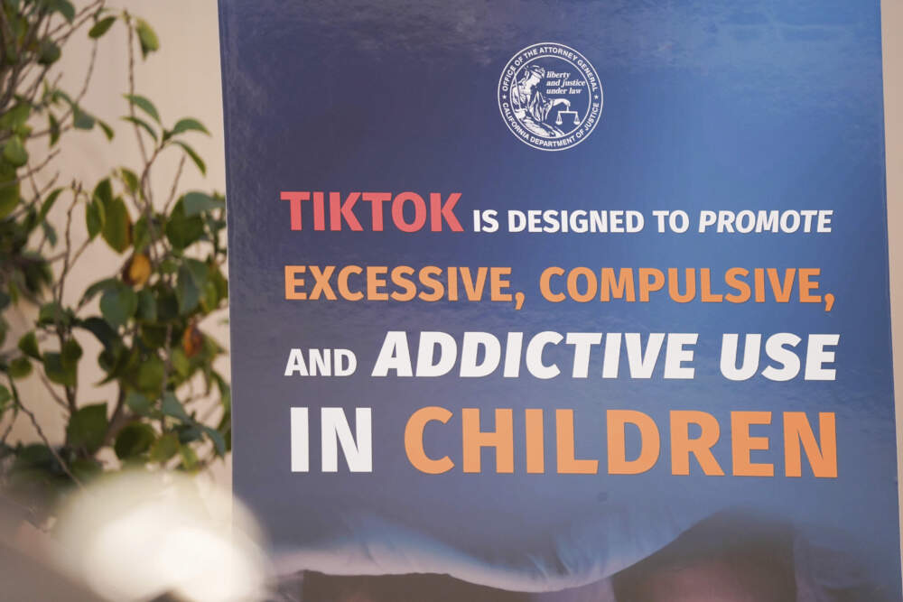 caption: A poster board criticizing TikTok is displayed as California Attorney General Rob Bonta speaks during a press conference announcing a bipartisan coalition of attorney generals filing lawsuits against TikTok for violation of state consumer protection laws on Tuesday, Oct. 8, 2024, in San Francisco. (Minh Connors/AP)