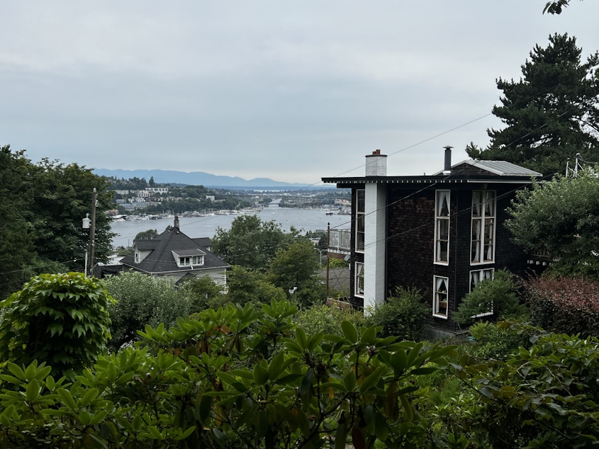 caption: The home designed by Dan Streissguth, which sits on the edge of the gardens. The hill the gardens are situated on overlook Lake Union. 