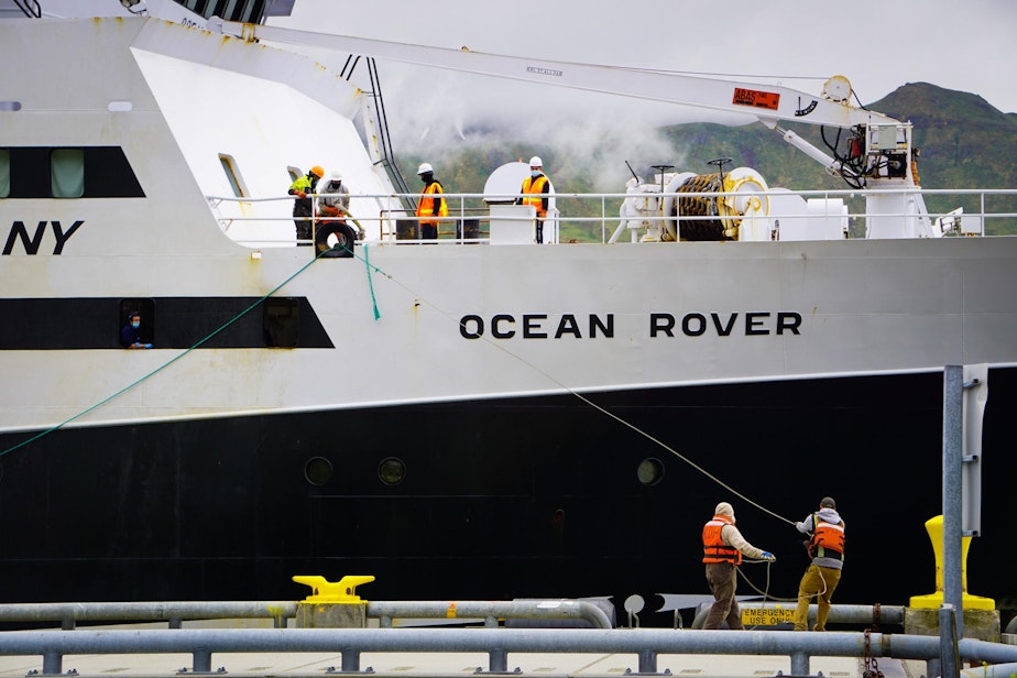 caption: American Seafoods' Ocean Rover arrives in Unalaska, Alaska, on June 14.