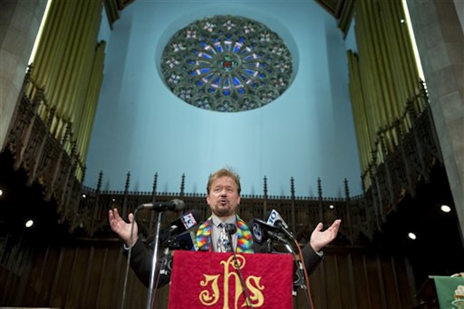 caption: United Methodist pastor Frank Schaefer speaks during a news conference Tuesday, June 24, 2014, at First United Methodist Church of Germantown in Philadelphia.