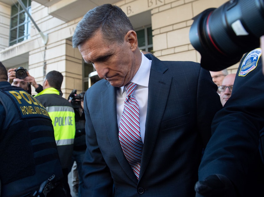 caption: Former national security adviser Michael Flynn leaves the U.S. District Court in Washington, D.C., in late 2018.