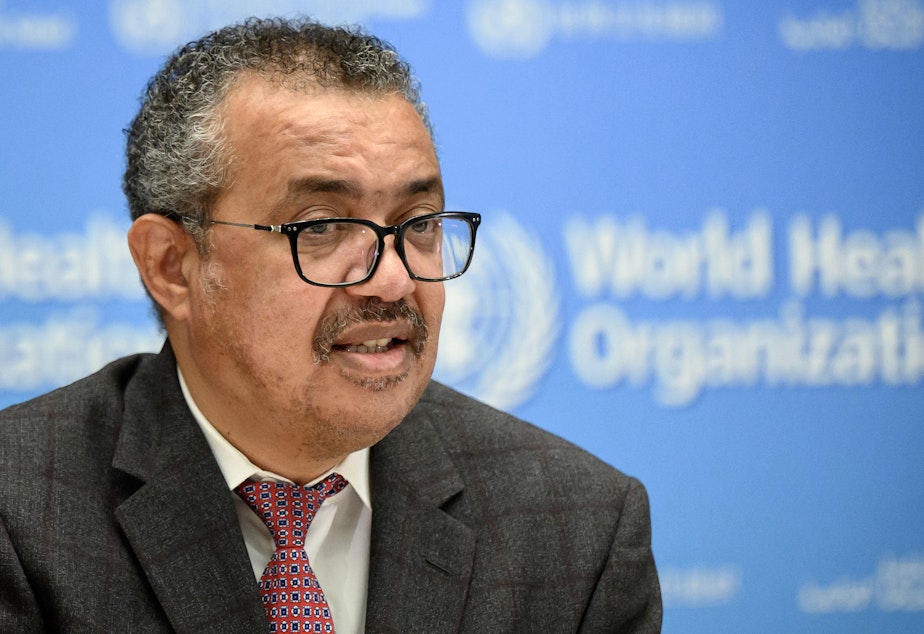 caption: World Health Organization Director-General Tedros Adhanom Ghebreyesus speaks at the WHO headquarters in Geneva on Oct. 18.