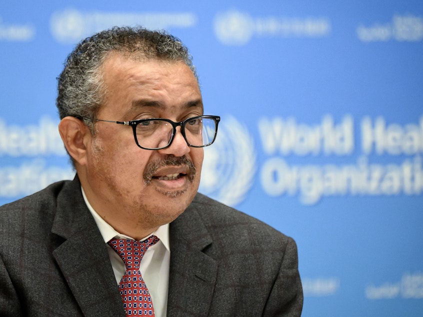 caption: World Health Organization Director-General Tedros Adhanom Ghebreyesus speaks at the WHO headquarters in Geneva on Oct. 18.