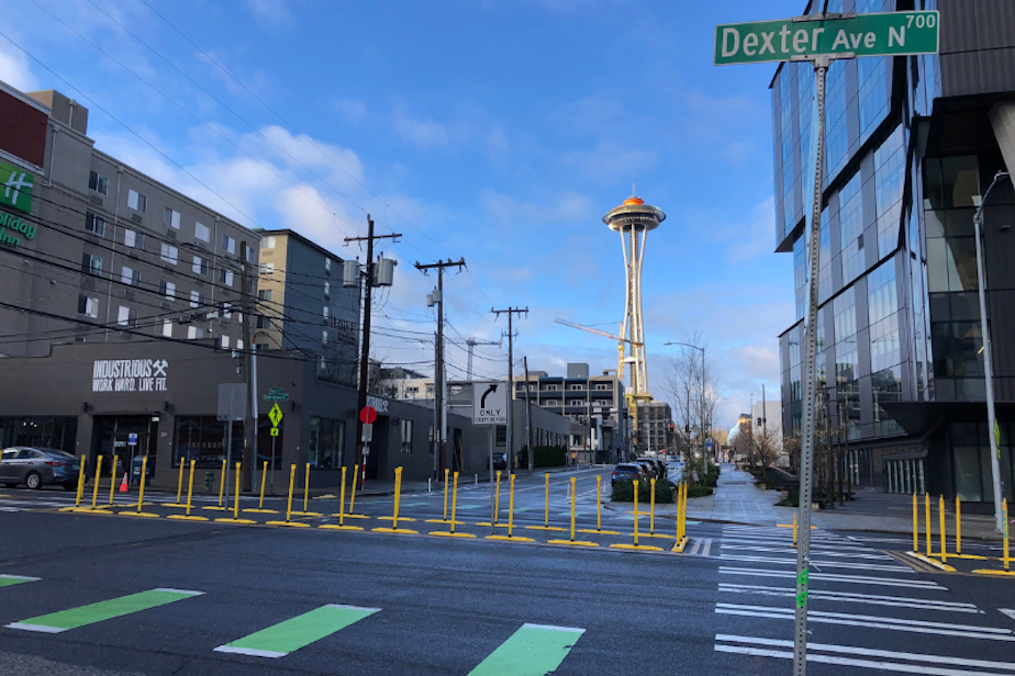 caption: The intersection of Dexter Avenue North and Thomas Street where 23-year-old Jaahnavi Kandula was struck and killed by a speeding Seattle police patrol vehicle as it was en route to a 911 call. Kandula  was reportedly in the crosswalk when she was hit shortly before 8 p.m. on Monday, Jan. 23, 2023. 