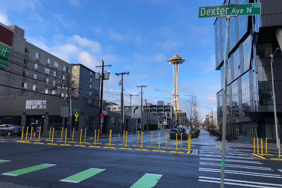 caption: The intersection of Dexter Avenue North and Thomas Street where 23-year-old Jaahnavi Kandula was struck and killed by a speeding Seattle police patrol vehicle as it was en route to a 911 call. Kandula was reportedly in the crosswalk when she was hit shortly before 8 p.m. on Monday, Jan. 23, 2023.