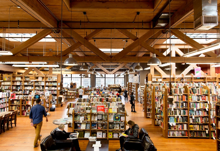 caption: Elliott Bay Bookstore on Capitol Hill, which will celebrate 50 years in operation in 2023