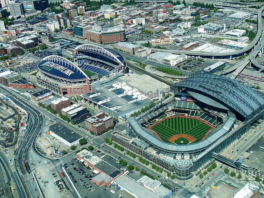 caption: The proposed arena would sit south of Safeco Field.