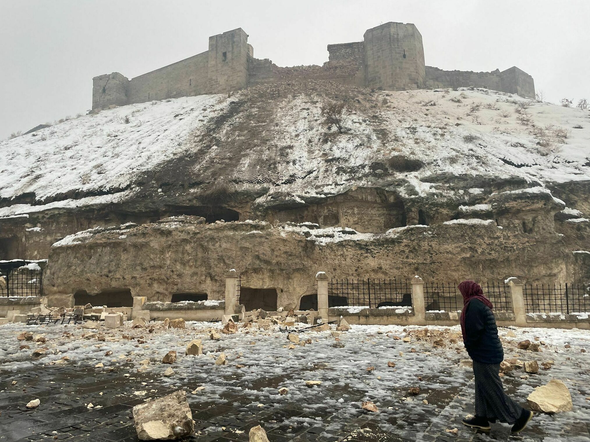 caption: Gaziantep Castle, a historic site and tourist attraction in southeastern Turkey, sustained significant damage in Monday's earthquake.