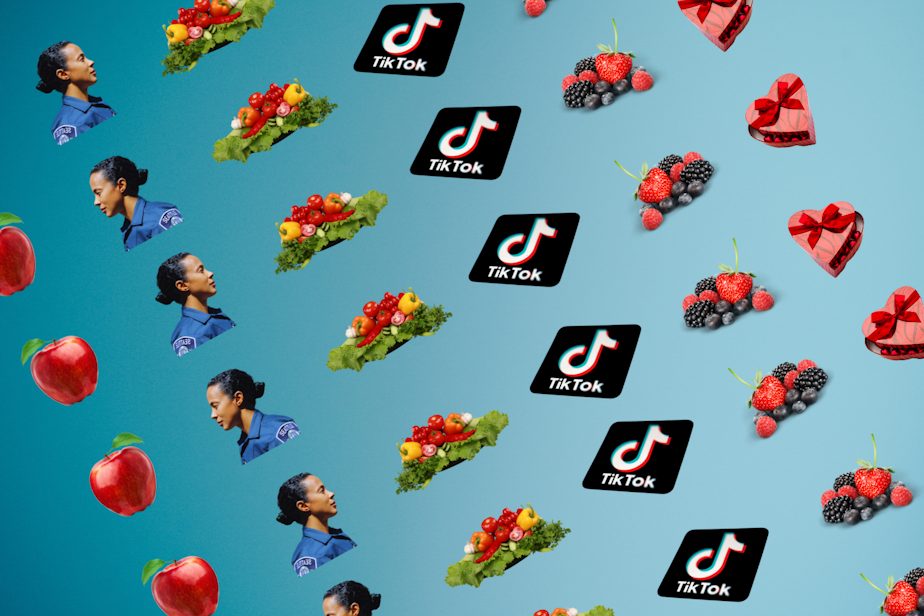 caption: Horizontal rows of the same apple, policewoman, bunch of vegetables, TikTok logo, bunch of berries, and heart-shaped box of chocolates arranged side by side. The entire collage is against a blue gradient background.