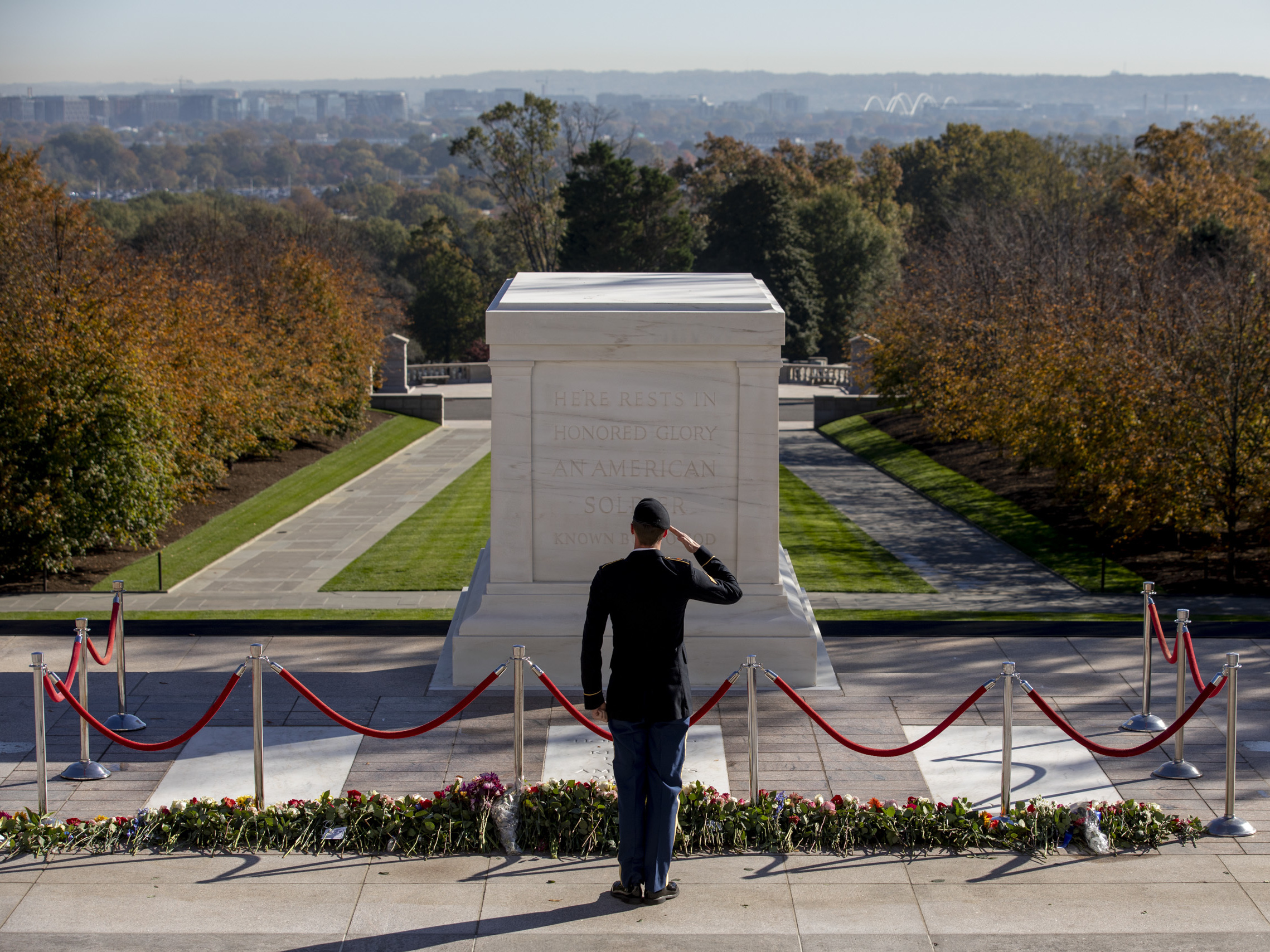 caption: After placing flowers, a person in military uniform salutes at the Tomb of the Unknown Soldier.