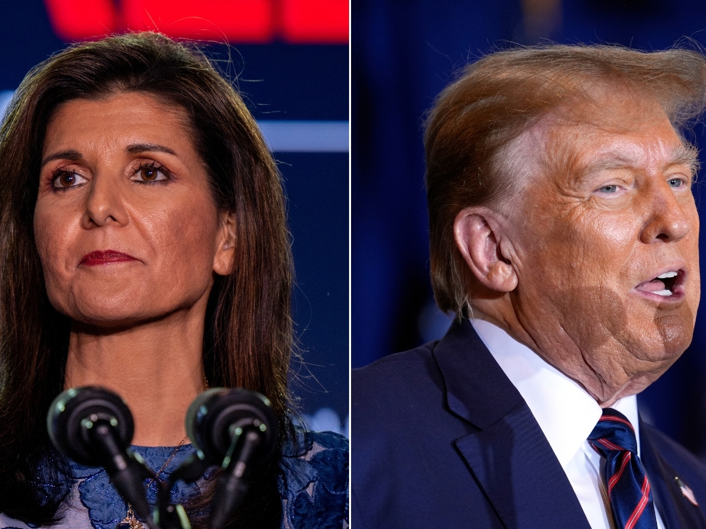 caption: Left: Republican presidential candidate, former U.N. Ambassador Nikki Haley delivers remarks at her primary-night rally at the Grappone Conference Center on January 23, 2024 in Concord, N.H. Right: Republican presidential candidate former President Donald Trump speaks at a primary election night party in Nashua, N.H., Tuesday, Jan. 23, 2024.