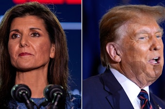 caption: Left: Republican presidential candidate, former U.N. Ambassador Nikki Haley delivers remarks at her primary-night rally at the Grappone Conference Center on January 23, 2024 in Concord, N.H. Right: Republican presidential candidate former President Donald Trump speaks at a primary election night party in Nashua, N.H., Tuesday, Jan. 23, 2024.
