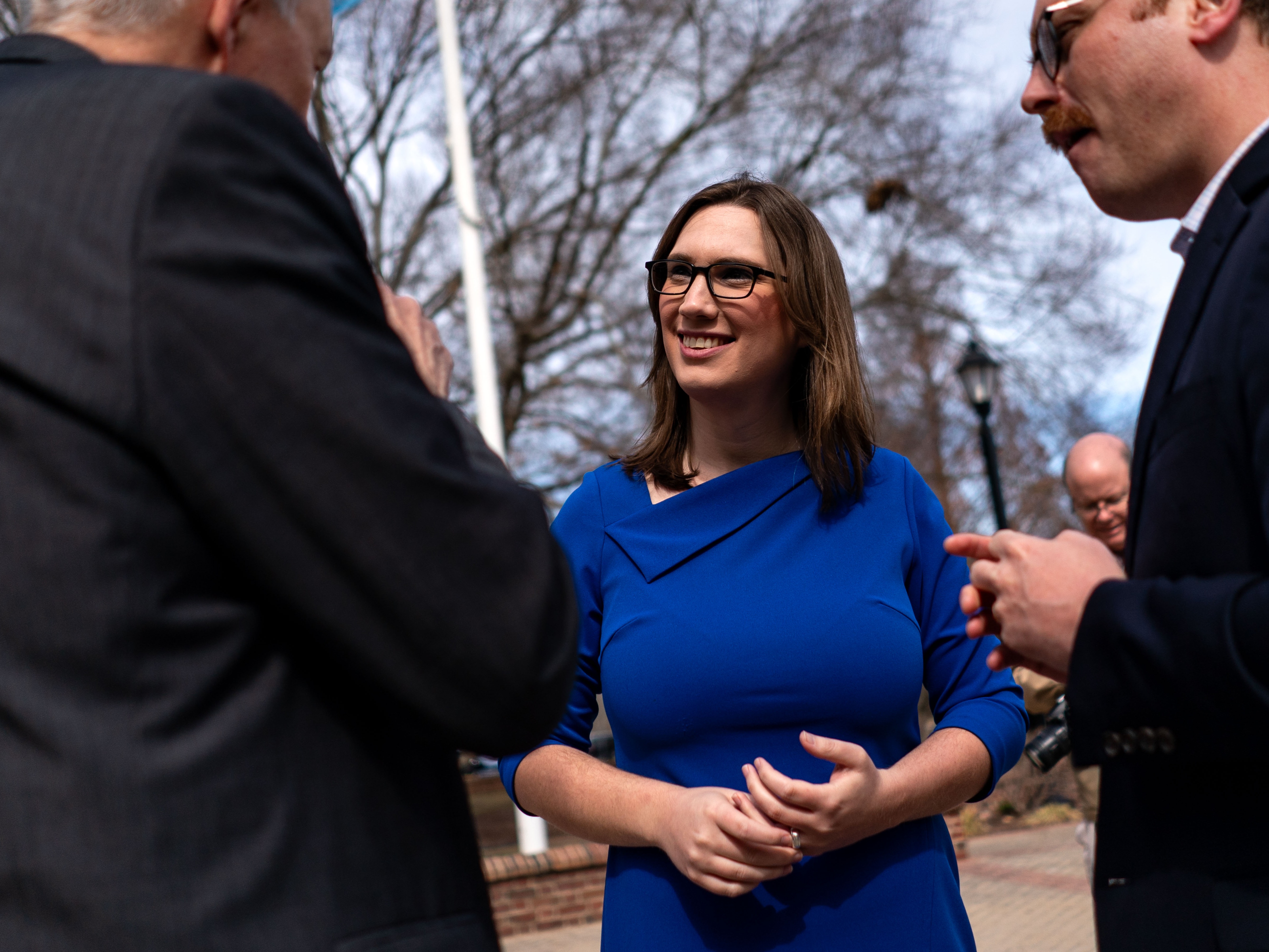 caption: Sarah McBride on the campaign trail in March.