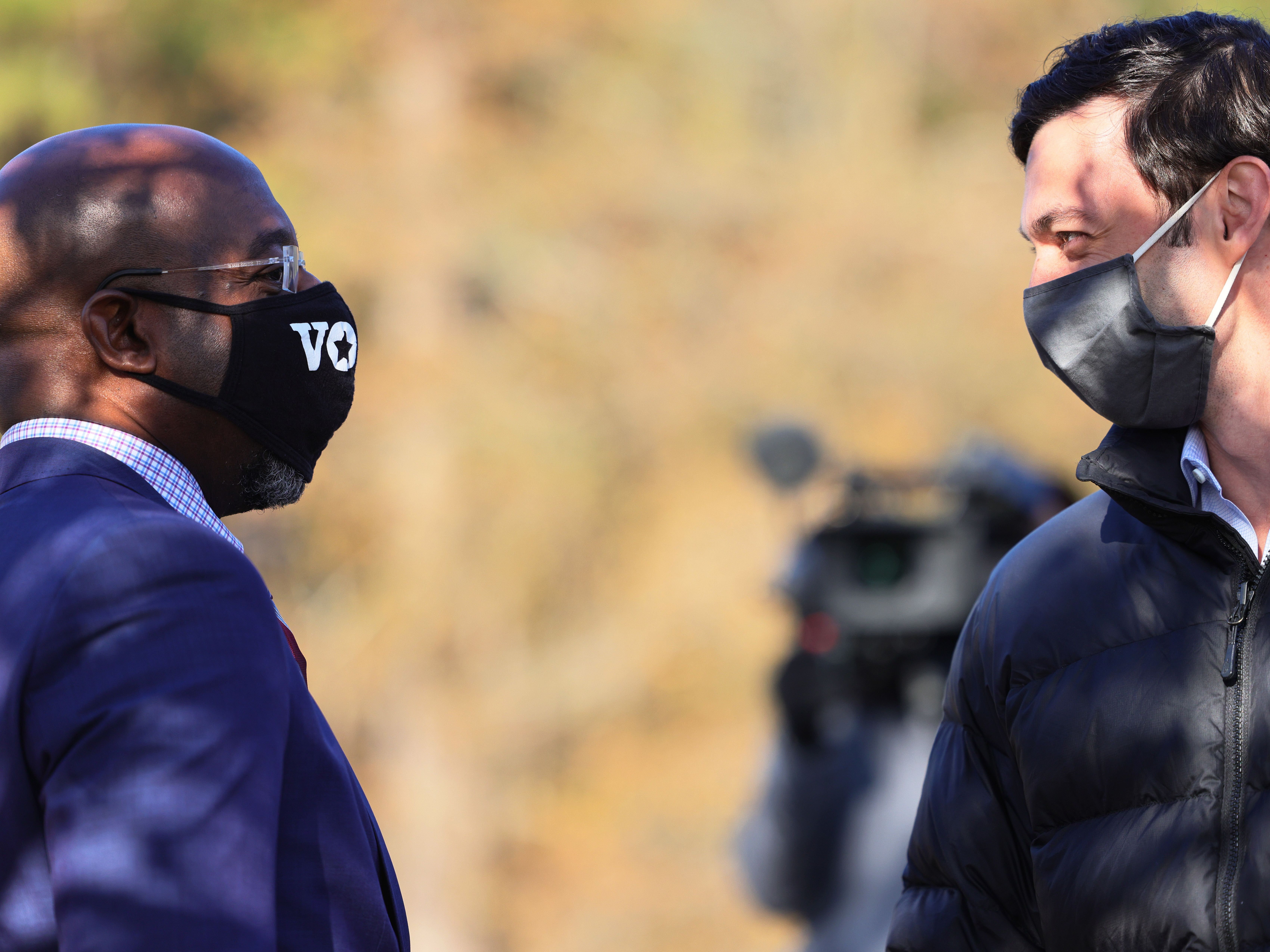 caption: Rev. Raphael Warnock and Jon Ossoff, seen here during a campaign event in Georgia on Jan. 4, were sworn in as U.S. Senators by Vice President Kamala Harris Wednesday afternoon.