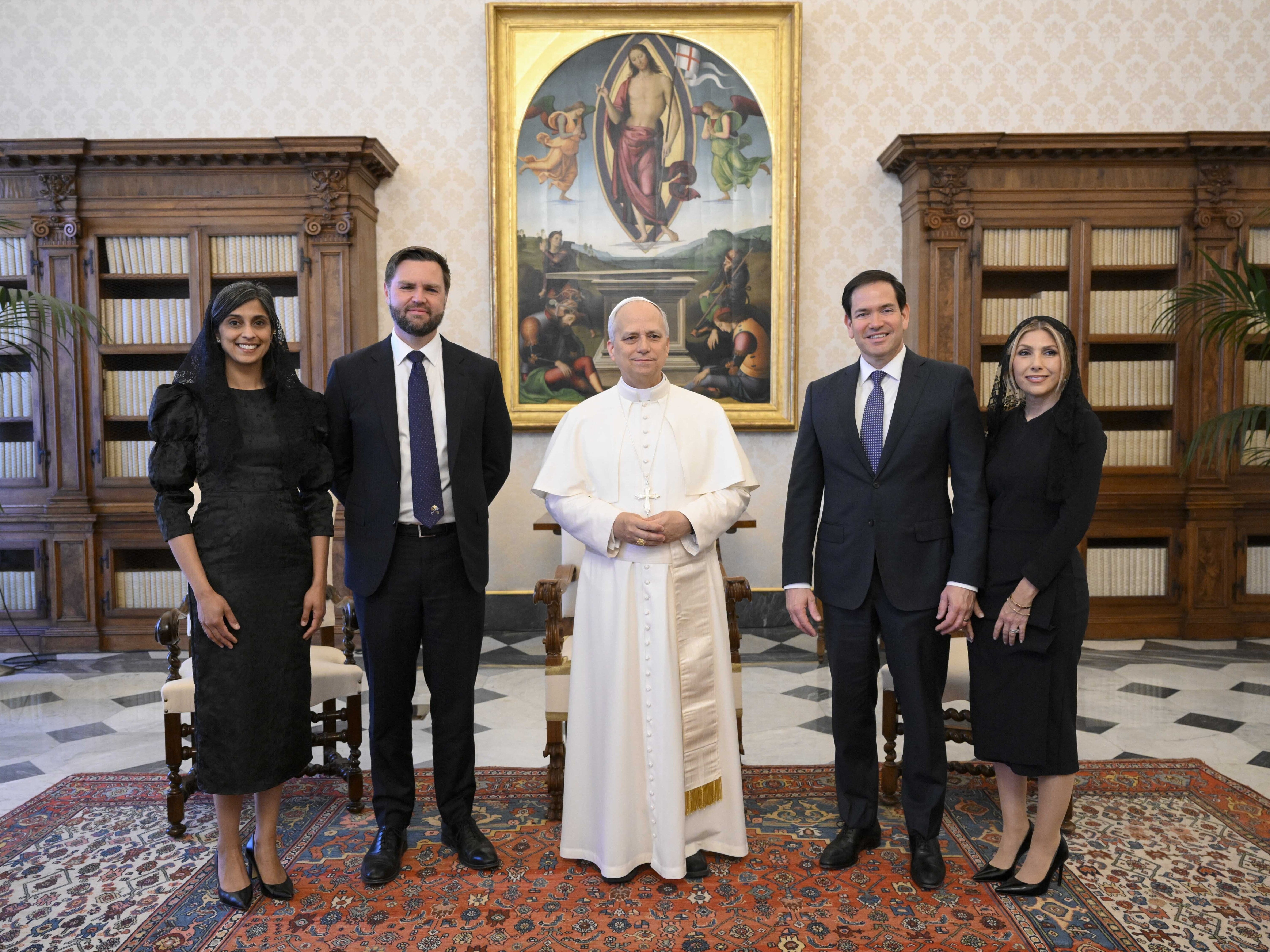 caption: Pope Leo XIV with Vice President JD Vance, his wife Usha Vance, Secretary of State Marco Rubio and his wife Jeanette Dousdebes Rubio, on the occasion of their meeting at the Vatican, Monday.