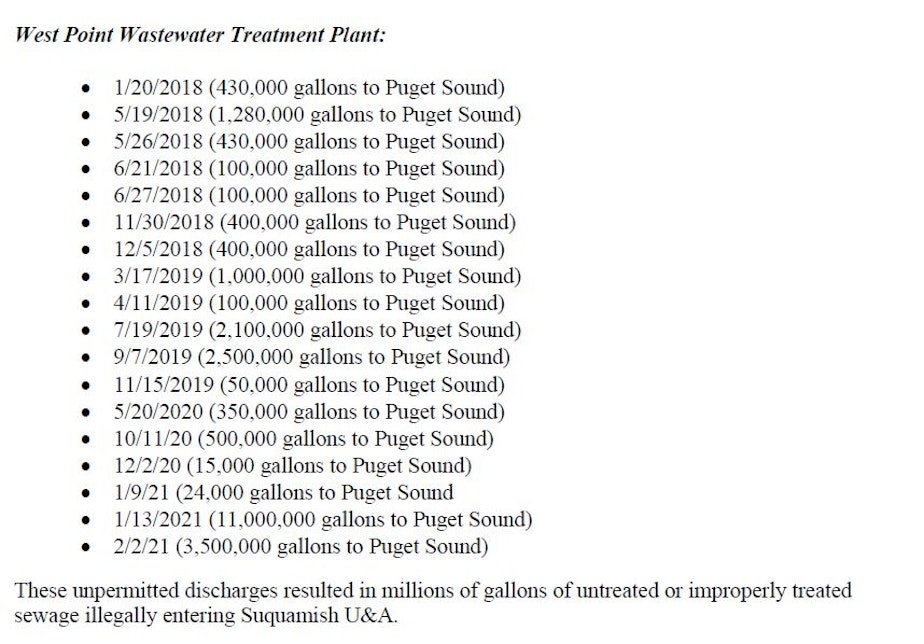 caption: Some of the sewage overflows from King County's West Point treatment plant in Seattle's Discovery Park cited by the Suquamish Tribe in March as harming the tribe.