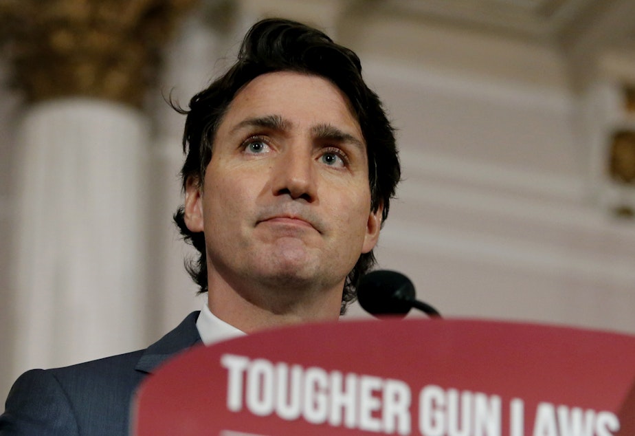 caption: Canada's Prime Minister Justin Trudeau announces new gun control legislation in Ottawa, Ontario, on Monday.