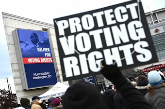 caption: A participant in the annual Martin Luther King Jr. Memorial Peace Walk in Washington, D.C., holds a sign that says "PROTECT VOTING RIGHTS" in 2022.