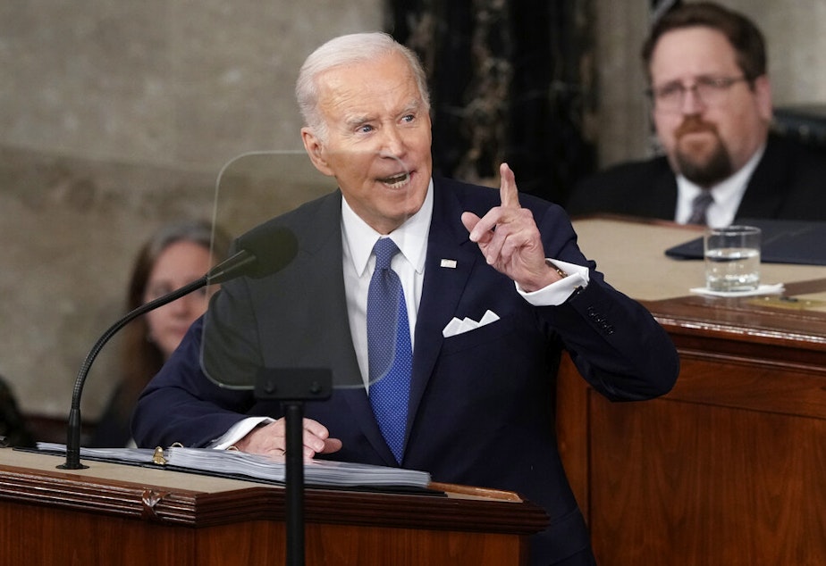 caption: President Joe Biden delivers the State of the Union address to a joint session of Congress at the U.S. Capitol, Tuesday, Feb. 7, 2023, in Washington. 