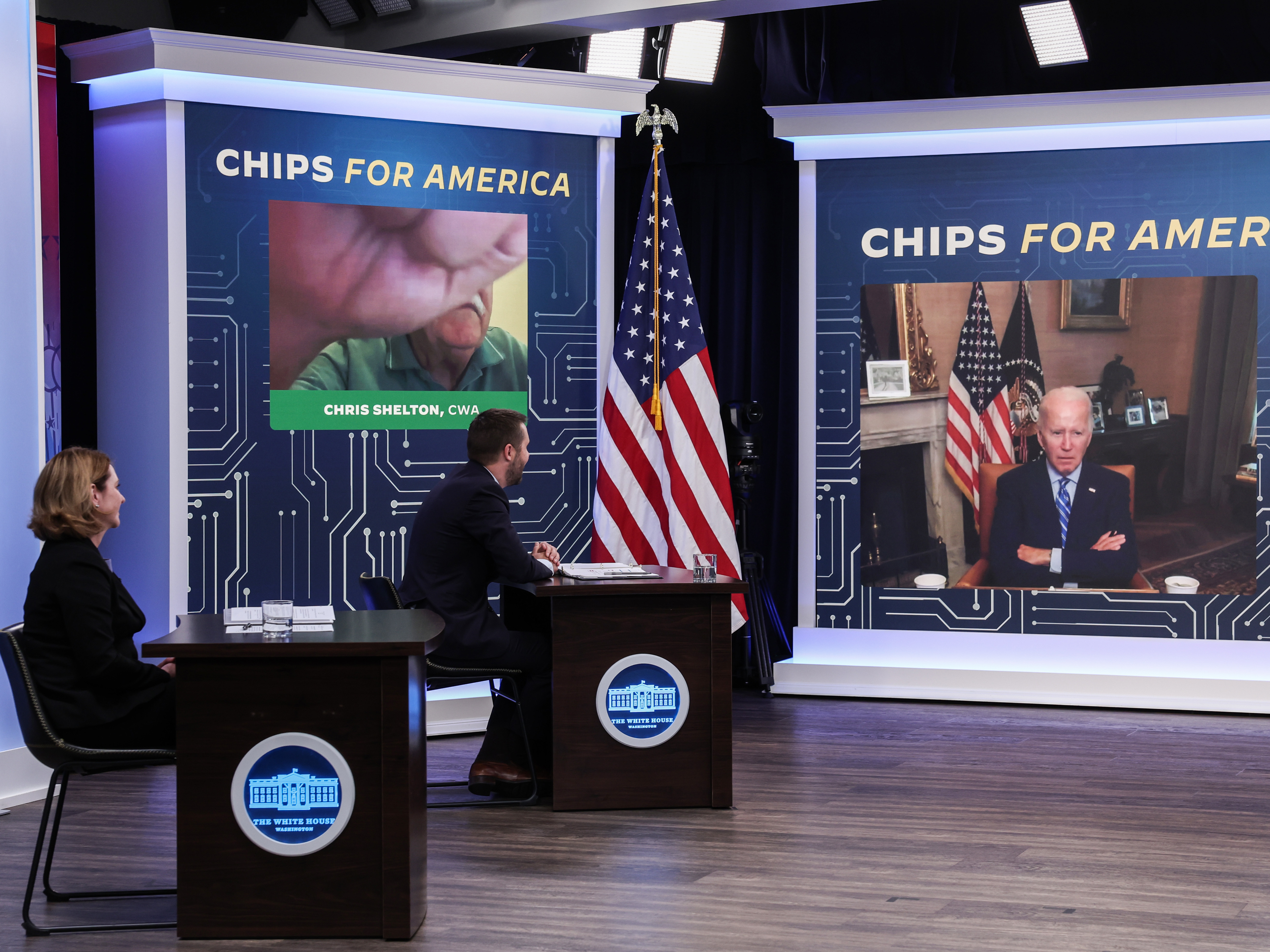 caption: President Biden led a virtual meeting on the Creating Helpful Incentives to Produce Semiconductors (CHIPS) for America Act, on July 25, ahead of the Senate vote.