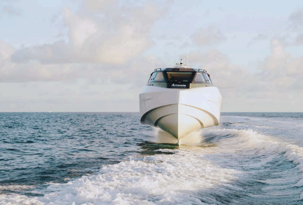 caption: The Artemis Technologies EF-12 Escape is a 29-passenger "high-end water taxi," according to a partnership proposal from the Pierce County Economic Development Department in September 2025. Officials had hoped to launch the ferry between Tacoma and Seattle ahead of the World Cup matches in the region.