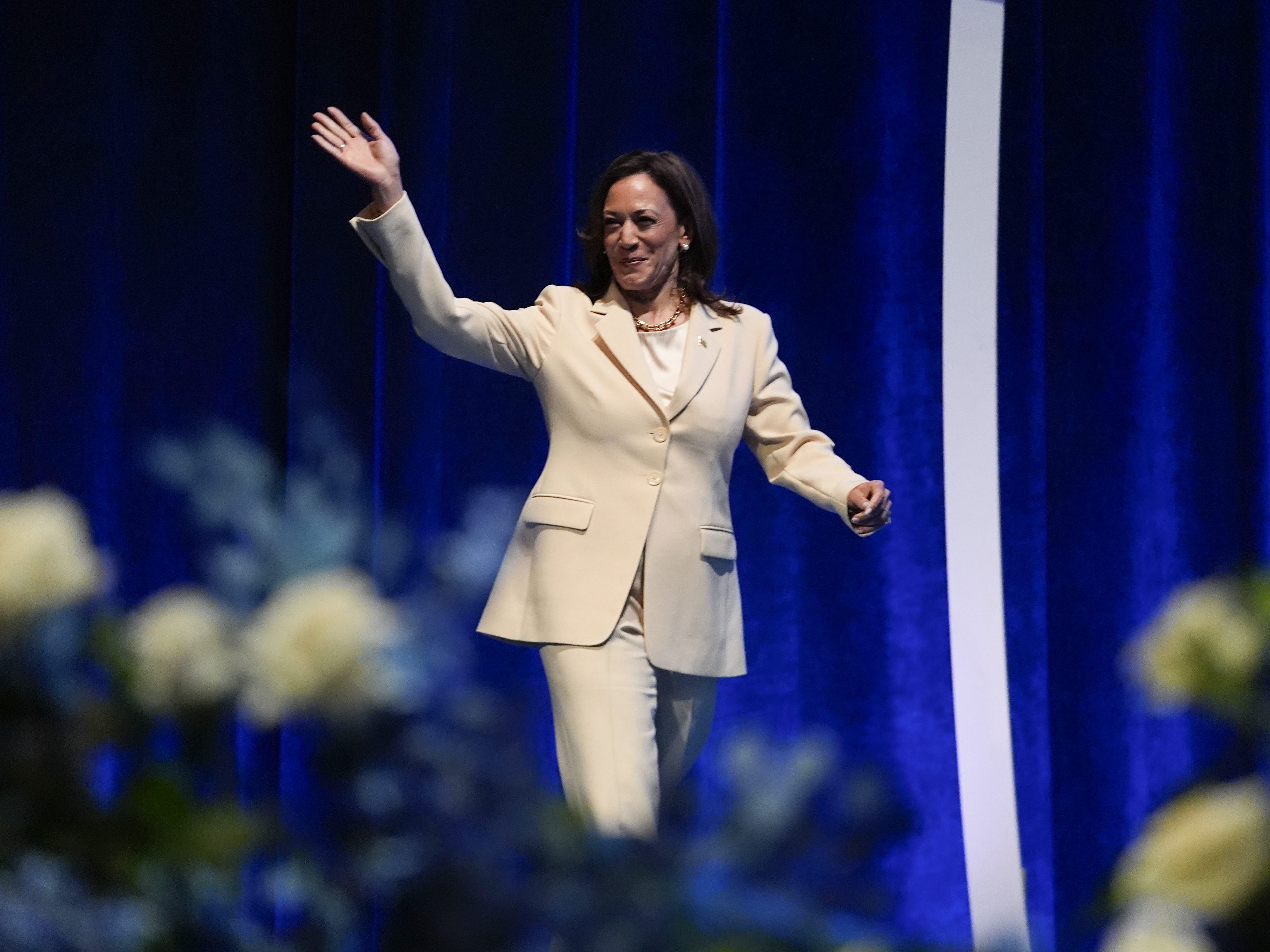 caption: Vice President Kamala Harris waves as she is introduced during the Zeta Phi Beta Sorority, Inc.'s Grand Boulé, Wednesday, July 24, 2024, in Indianapolis.