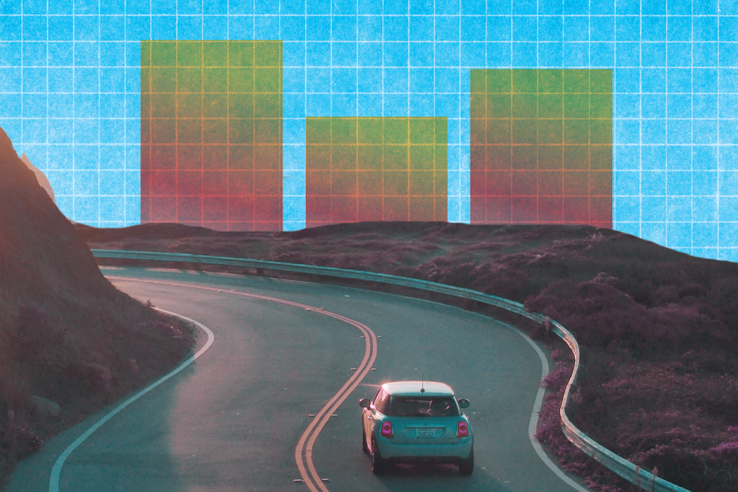 caption: Collage of car driving along road with data visualization in the background. Photo courtesy of Istock.